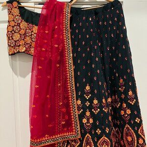 Embroidered Georgette Lehenga in Dark Teal Green